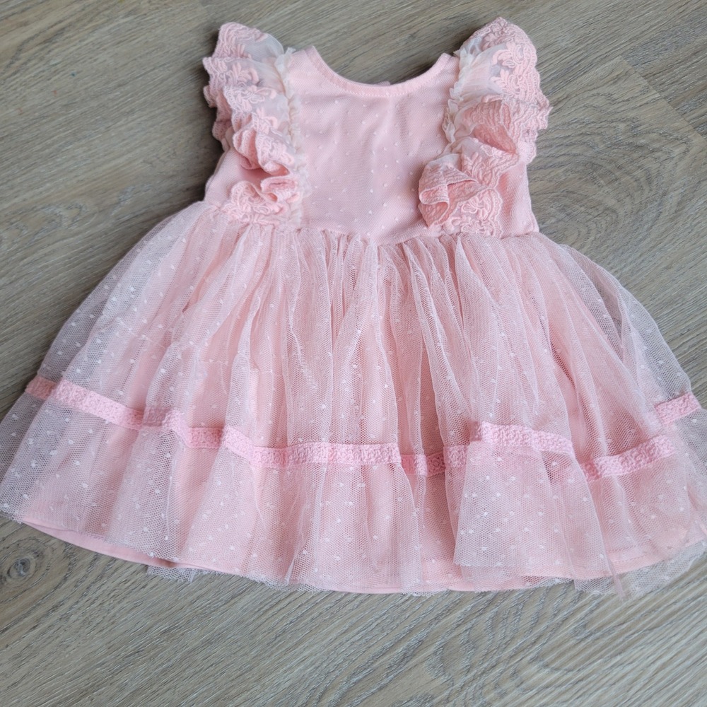 Baby Beri Girls Dress 3M Pink Tulle Swiss Dot Lace Ruffle Party Special Occasion